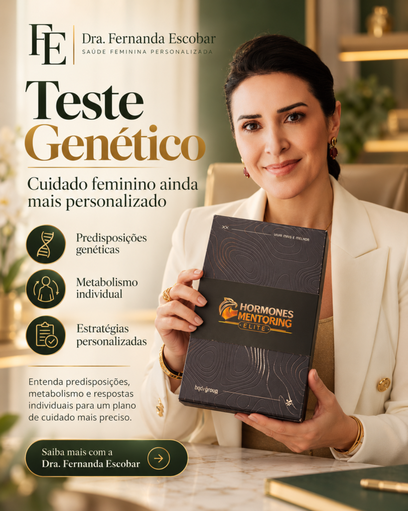 Dra. Fernanda Escobar apresentando um kit de teste genético para medicina personalizada
